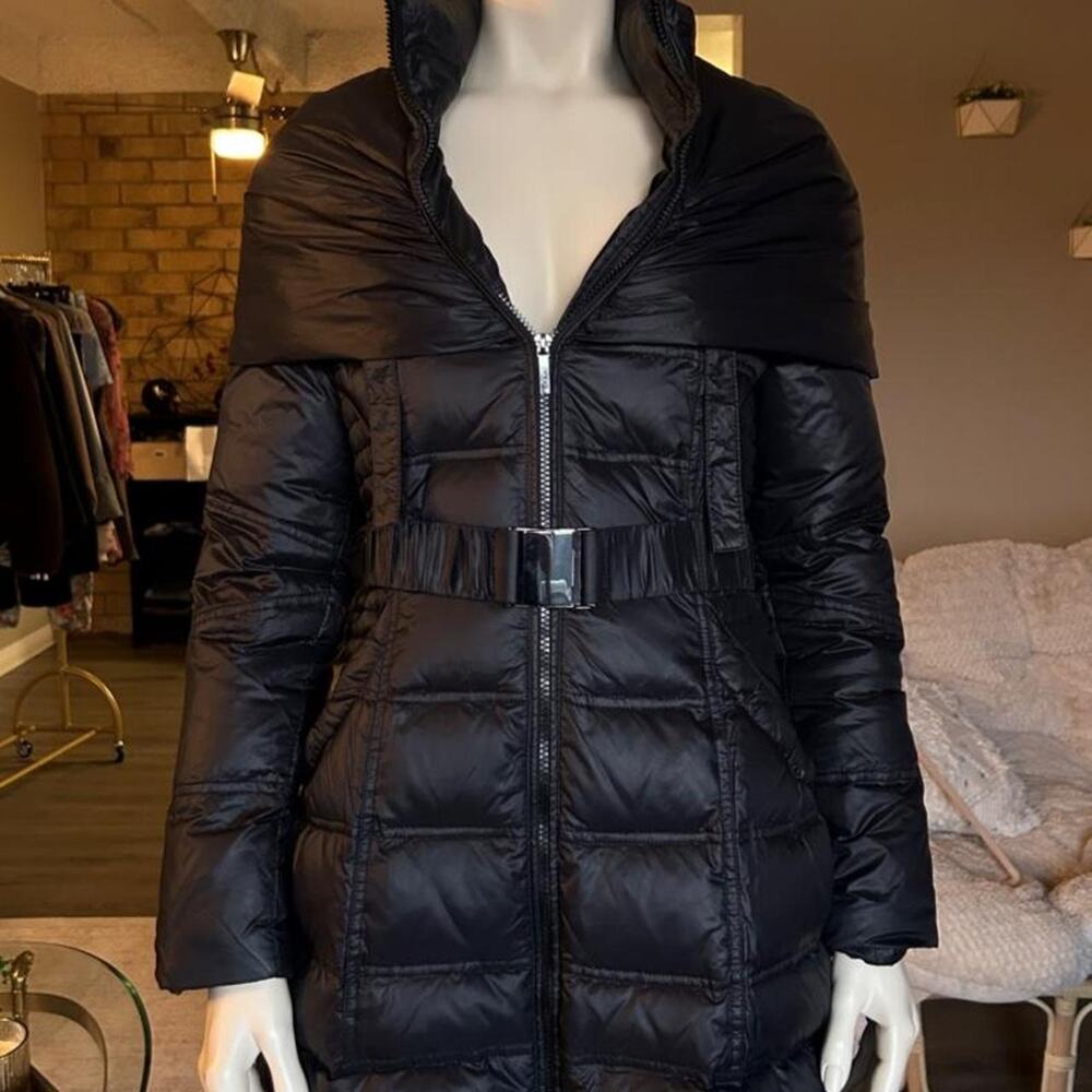 Black puffer coat with hood and belt